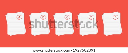 Evaluation system. Set of letters and grades of the teacher on paper. Vector flat illustration. A, B, C, D, F exam result score red mark on red background.