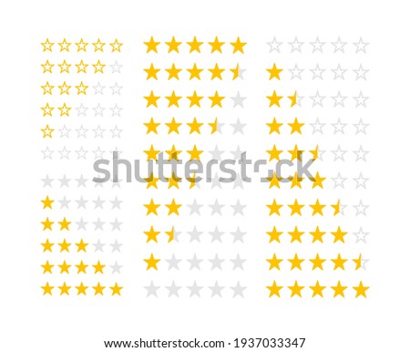 Rating stars icons set. Vector illustration. Yellow stars shape from one to five. Feedback evaluation with stars shape.