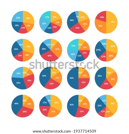 Infographic pie graph set. Vector illustration. Colorful diagram collection with sections or steps. Pie charts for infographic, UI, web design, business presentation on white background.