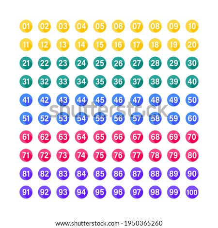 Numbers with long shadow on multicolored circles set. Vector flat illustration. Number bullet points from 1 to 100 isolated on white background.