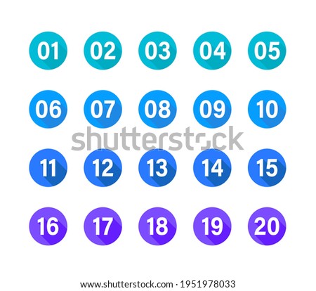 Numbers with long shadow on multicolored circles set. Vector flat illustration. Number bullet points from 1 to 20 isolated on white background.