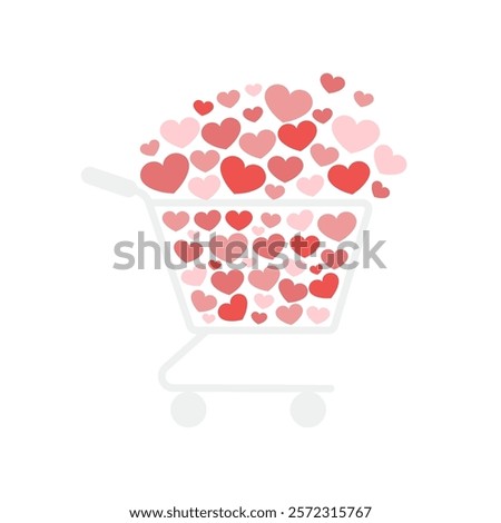 Shopping cart filled with hearts and likes symbol. Social media influence or purchasing decisions concept. Vector flat illustration