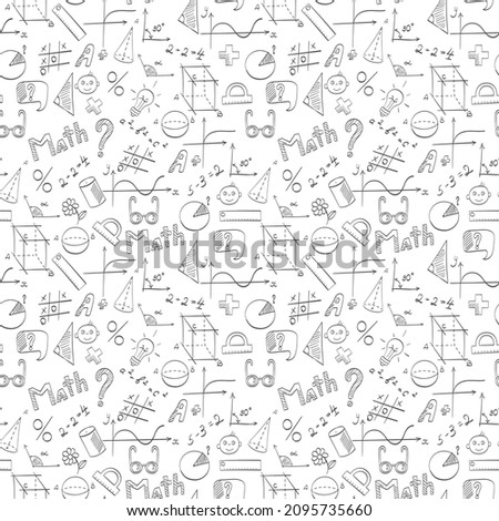 Seamless pattern on the theme of the school, of education and of the subject mathematics, the dark hand-drawn graphics, formulas, and icons on white background