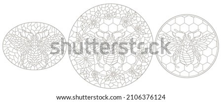 Set of contour illustrations in the style of stained glass with abstract bees, dark outlines on a white background