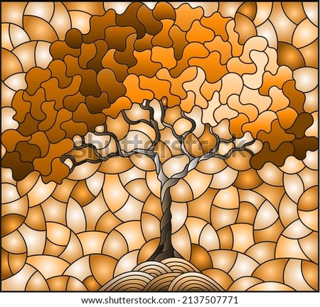 Illustration in stained glass style with an abstract tree on a background of feeld and sky, rectangular image, tone brown