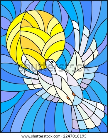 An illustration in the style of a stained glass window with a flying pigeon against the background of the sun and blue sky