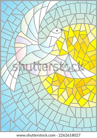 An illustration in the style of a stained glass window with a flying pigeon against the background of the sun and blue sky