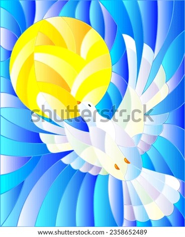 An illustration in the style of a stained glass window with a flying pigeon against the background of the sun and blue sky