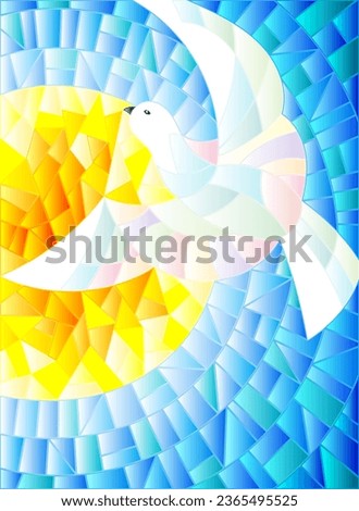 An illustration in the style of a stained glass window with a flying pigeon against the background of the sun and blue sky