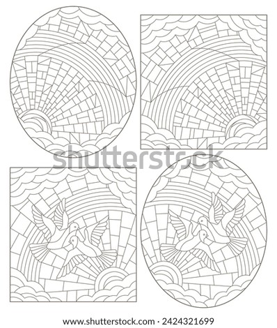 A set of contour illustrations in the style of stained glass with celestial landscapes with pigeons, dark contours on a white background