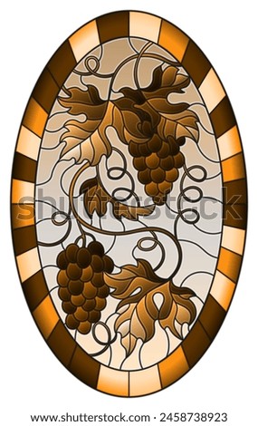 The illustration in stained glass style painting with a bunch of grapes and leaves , oval image in frame, tone brown