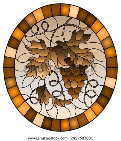 The illustration in stained glass style painting with a bunch of grapes and leaves , oval image in frame , tone brown