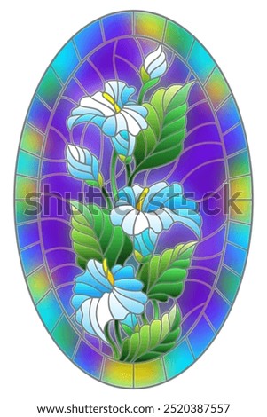 Illustration in stained glass style flower of callas lilys on a blue background in a bright frame,oval  image