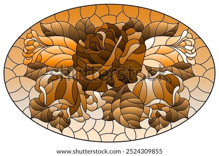 Illustration in stained glass style with a ose flowers on a sky background, oval image, tone brown