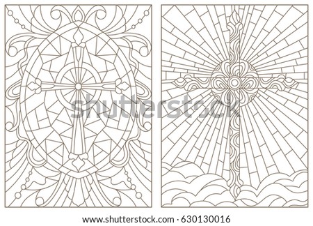 Set contour illustrations of stained glasses with Christian cross