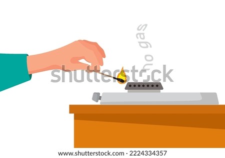 No gas. gas crisis. Turned off the gas. A man's hand lights a gas burner with a match. Vector illustration.