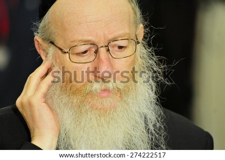 JERUSALEM, ISRAEL - June 10, 2014. Deputy minister of health in the Israeli government Yakov Litzman giving comments to journalists during the presidential elections in the Israeli Parliament Knesset.