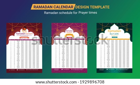 Ramadan Calendar Design Template. Islamic Calendar and Sehri Ifter time Schedule. Hijri islamic calendar 2021. Ramadan calendar, Ramadan schedule for Prayer times in Ramadan