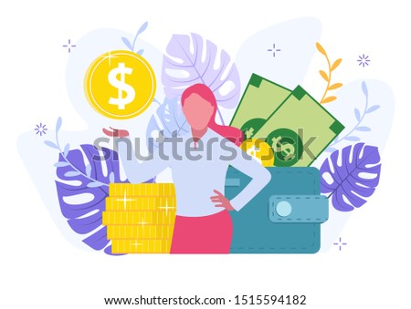 Personal Financial Target Metaphor Cartoon. Office Businesswoman Stand on Coin Pile Showing Gold Dollar. Wallet with Cash Banknote. Loan Offer.Vector Flat Illustration
