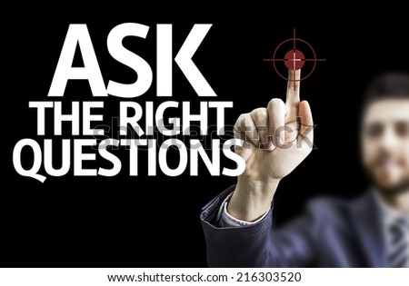 Business man pointing to black board with text: Ask The Right Questions