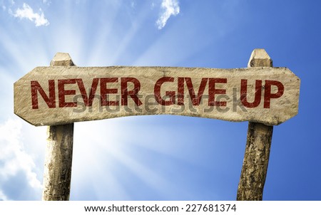 Never Give Up wooden sign on a beautiful day