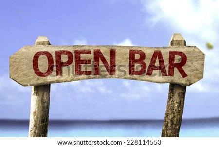 Open Bar wooden sign with a beach on background