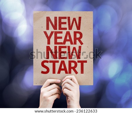 New Year New Start card with colorful background with defocused lights