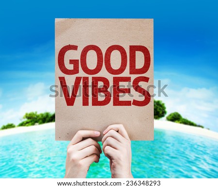Good Vibes card with a beach on background