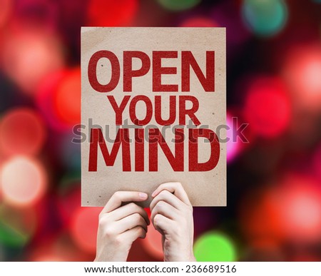 Open Your Mind card with colorful background with defocused lights