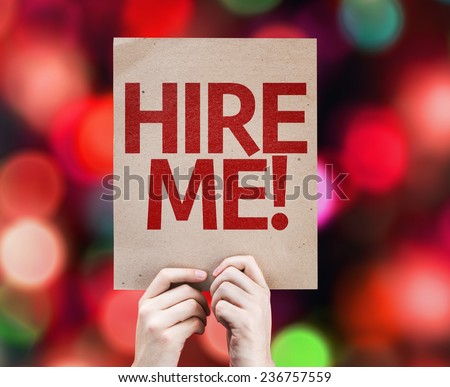 Hire Me card with colorful background with defocused lights
