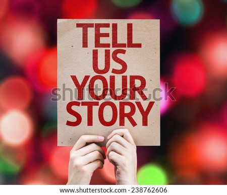 Tell Us Your Story card with colorful background with defocused lights