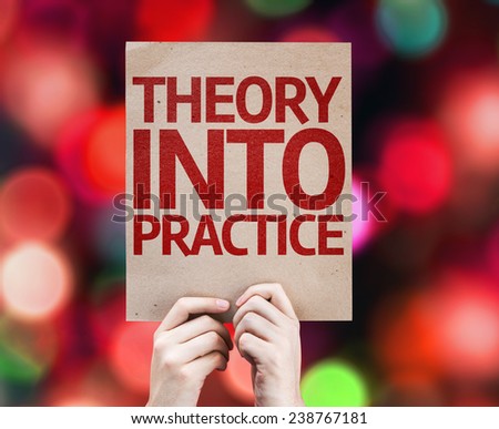 Theory Into Practice card with colorful background with defocused lights