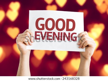 Good Evening card with heart bokeh background