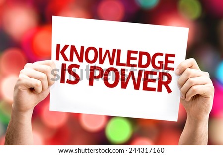 Knowledge is Power card with colorful background with defocused lights