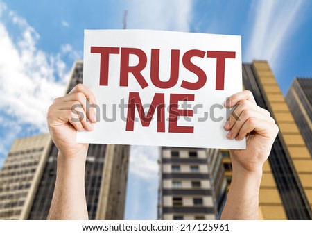 Trust Me card with a urban background
