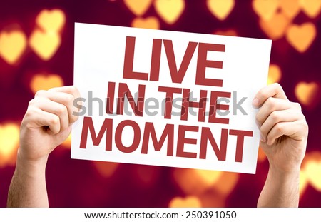 Live in the Moment card with heart bokeh background