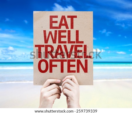 Eat Well Travel Often card with beach background