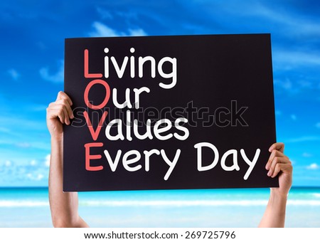 Living Our Values Every Day card with beach background