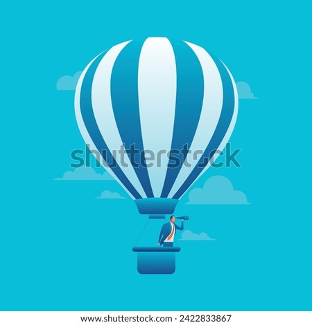 Explorer with Telescope in Hot Air Balloon Illustration - Businessman Minimal Illustration - Hot Air Balloon Vision