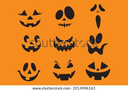 Collection of Halloween pumpkins carved faces silhouettes. Black isolated halloween pumpkin face patterns on orange. Scary and funny faces of Halloween pumpkin or ghost. Vector illustration