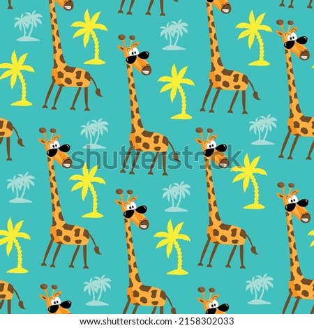 Cartoon giraffe seamless pattern on turquoise color background. Good for textile print, cover, wall apper and wrapping paper.