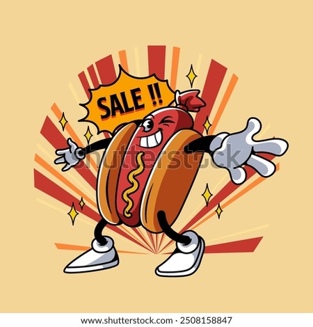 Happy Sale Hotdog Mascot Character Illustration Vintage