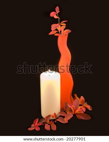 orange vase on black background with autumn branch and decorative burning candle