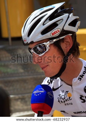 SALLES DE BEARN - JULY 23: Cyclist Andy Schleck is giving interview before start of 18 stage of Tour de France 2010, July 23, 2010 Tour de France in Salies de Bearn.