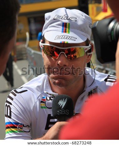 SALLES DE BEARN - JULY 23: Cyclist Cadel Evans is giving interview before start of 18 stage of Tour de France 2010, July 23, 2010 Tour de France in Salies de Bearn.