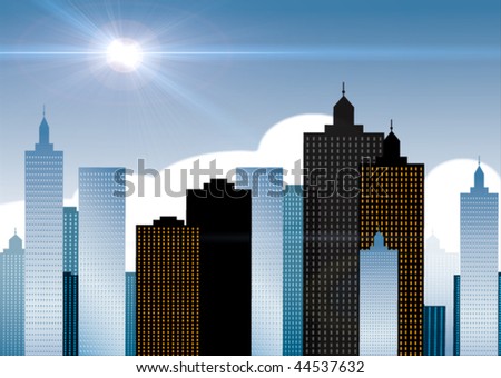 The beautiful city is under the sky of the alive with sunlight.