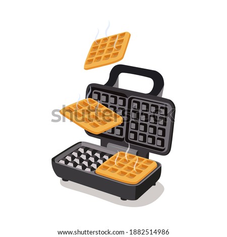Belgian Waffle. Homemade dessert. Lunch cooking. Waffle iron isolated on the white background. Vector illustration