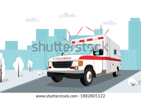 Ambulance emergency car driving on the road in the city and trees landscape. Medical concept flat design. Vector illustration.