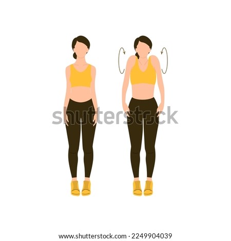 Woman demonstrates how to do shoulder rotation. Vector flat illustration. Female exercise isolated on white background. Athletic girl doing exercises