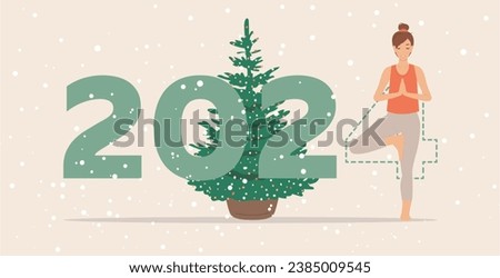 Happy new year card 2024. Young girl doing yoga pose in front of the Christmas tree. Woman practicing yoga as a part of the number 2024 sign. Vector banner or illustration